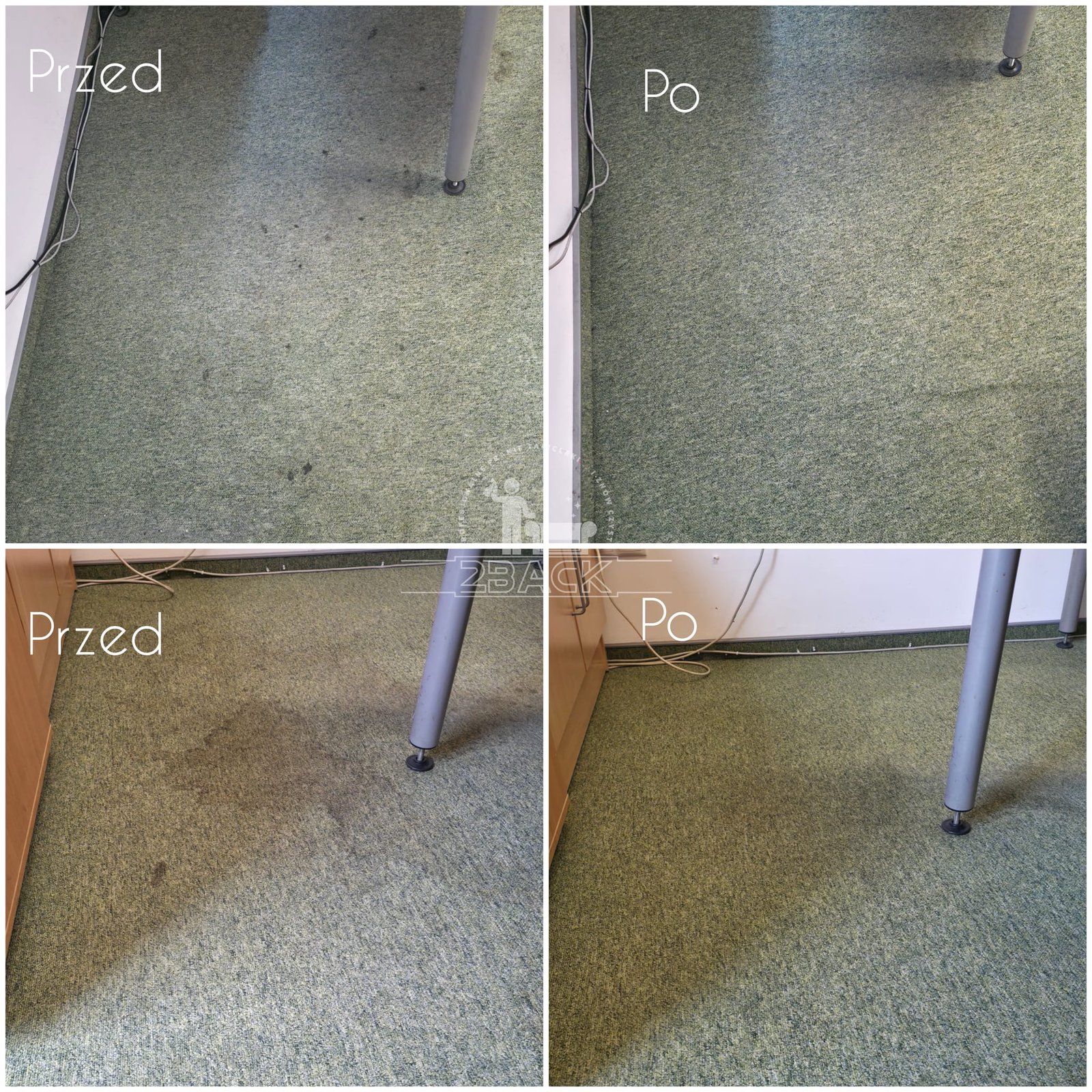 Pranie zielonej wykładziny biurowej - przed i po