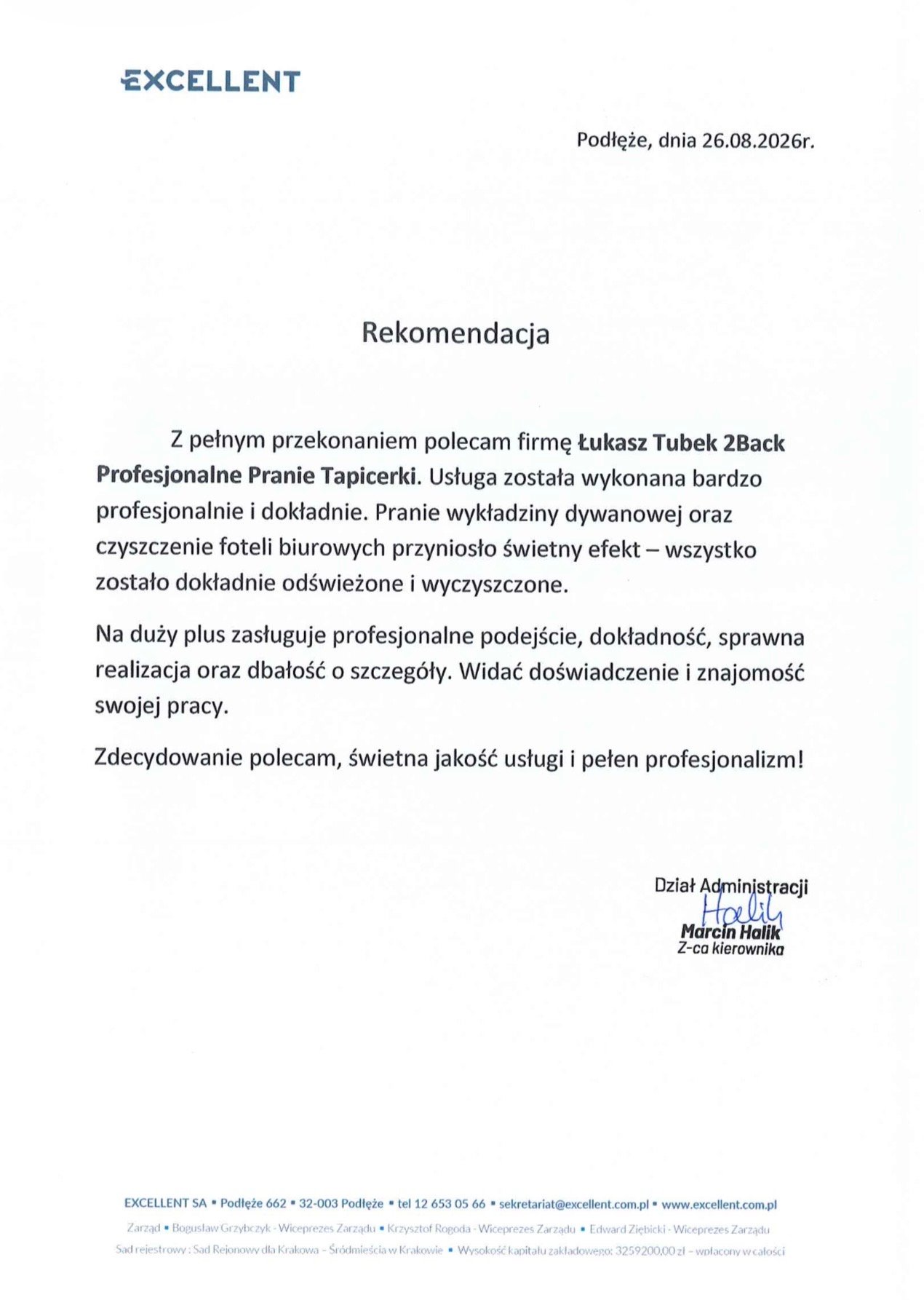Rekomendacja Excellent dla Łukasza Tubek 2Back